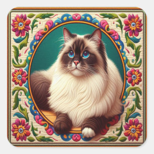 Decorative Birman Cat Colourful Flowers Border Square Sticker