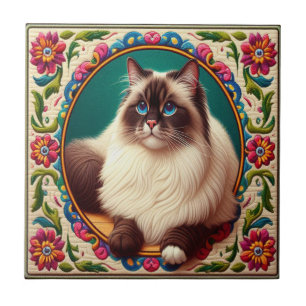 Decorative Birman Cat Colourful Flowers Border Tile