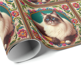 Decorative Birman Cat Colourful Flowers Border Wrapping Paper