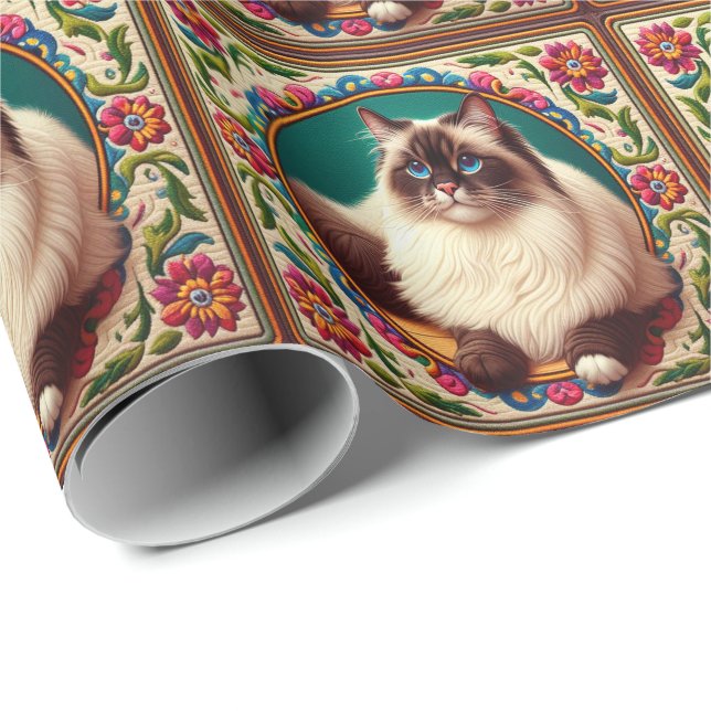 Decorative Birman Cat Colourful Flowers Border Wrapping Paper (Roll Corner)