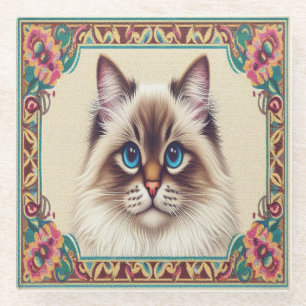 Decorative Birman Cat Colourful Framed Border Glass Coaster