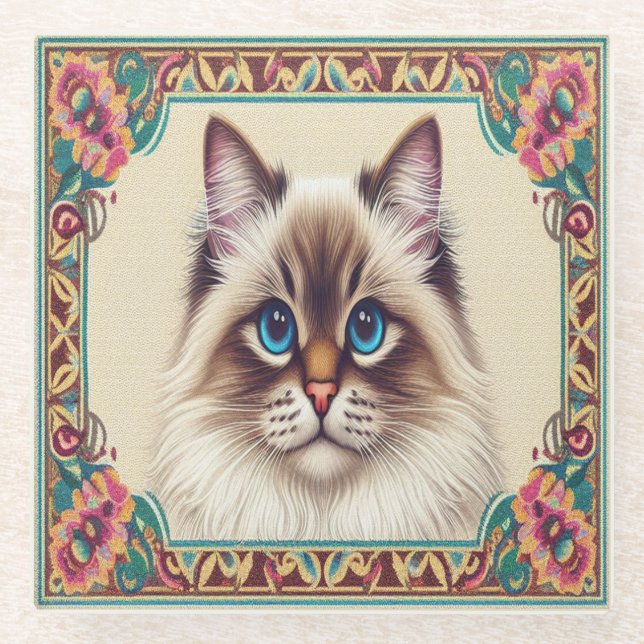 Decorative Birman Cat Colourful Framed Border Glass Coaster (Front)