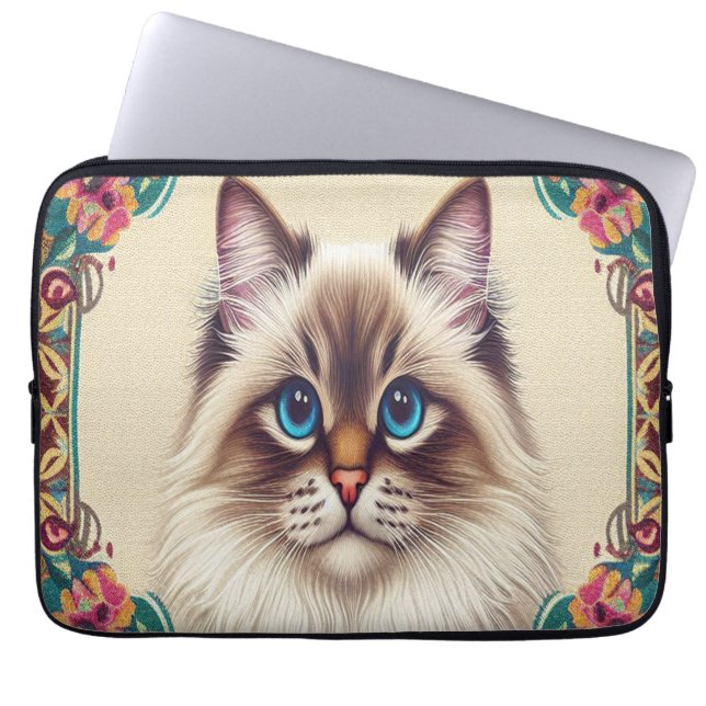 Decorative Birman Cat Colourful Framed Border Laptop Sleeve (Front)