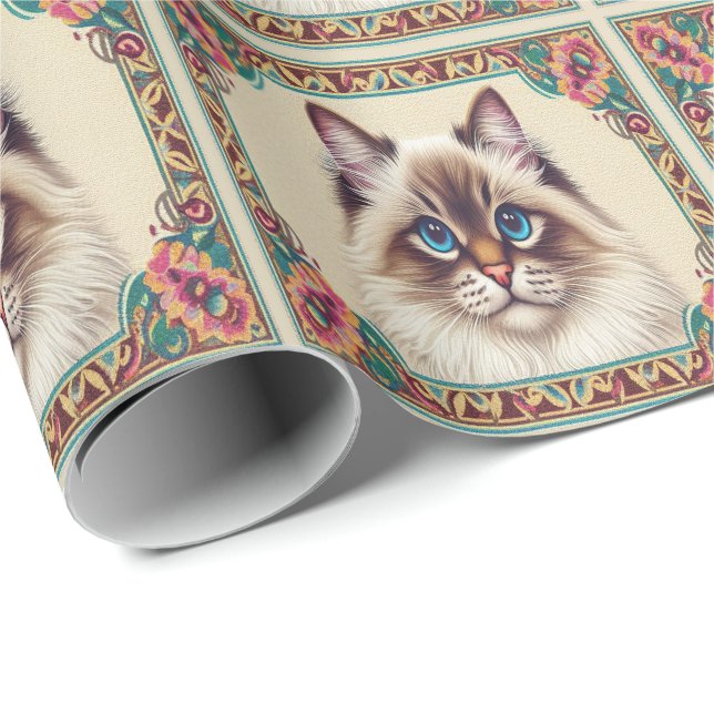 Decorative Birman Cat Colourful Framed Border Wrapping Paper (Roll Corner)