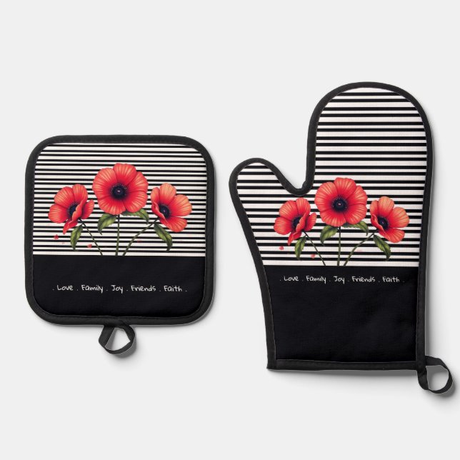 Decorative Black And White Stripe Oven Mitt & Pot Holder Set (Front)