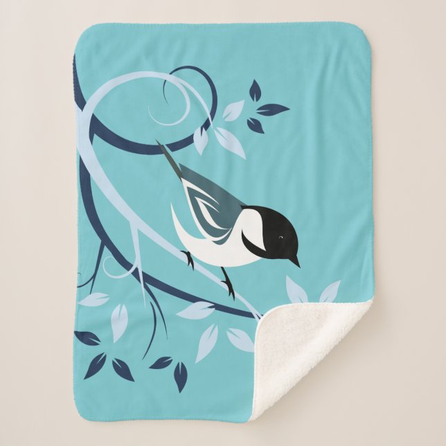 Decorative Black Capped Chickadee Sherpa Blanket (Front)