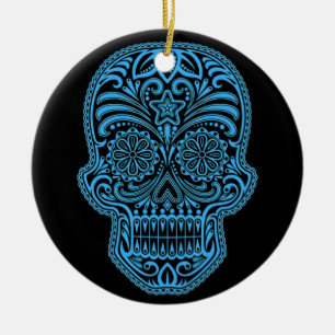 Decorative Blue and Black Sugar Skull Ceramic Tree Decoration