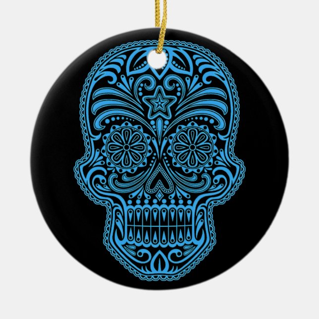 Decorative Blue and Black Sugar Skull Ceramic Tree Decoration (Front)