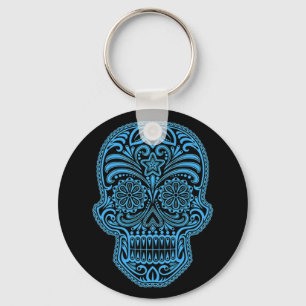 Decorative Blue and Black Sugar Skull Key Ring