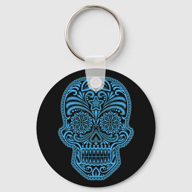 Decorative Blue and Black Sugar Skull Key Ring (Front)