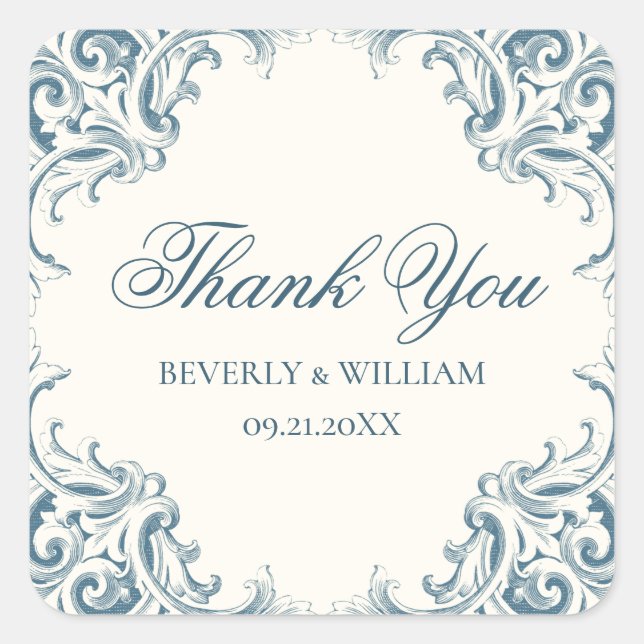 Decorative Blue Baroque Wedding Thank You Square Sticker (Front)