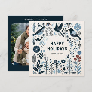 Decorative Blue Christmas deer and robins Holiday Card