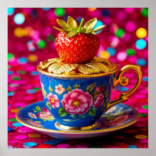 Decorative Blue Floral Teacup with Golden Details Poster