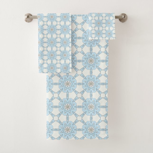 Decorative blue geometric floral patterned  bath towel set (Insitu)