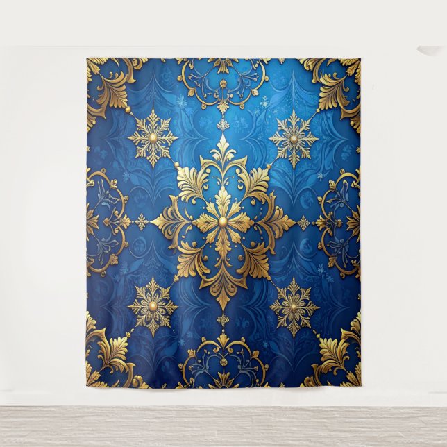 Decorative Blue Gold Holiday Backdrop Tapestry (Front)