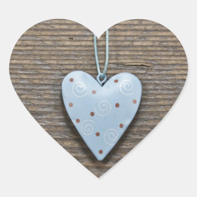 Decorative Blue Hanging Heart Rustic Wood Sticker (Front)