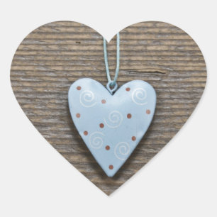Decorative Blue Hanging Heart Rustic Wood Sticker