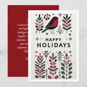 Decorative Blue Red Bird Flora Holiday Card