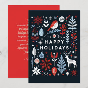 Decorative Blue Red White Flora Holiday  Card