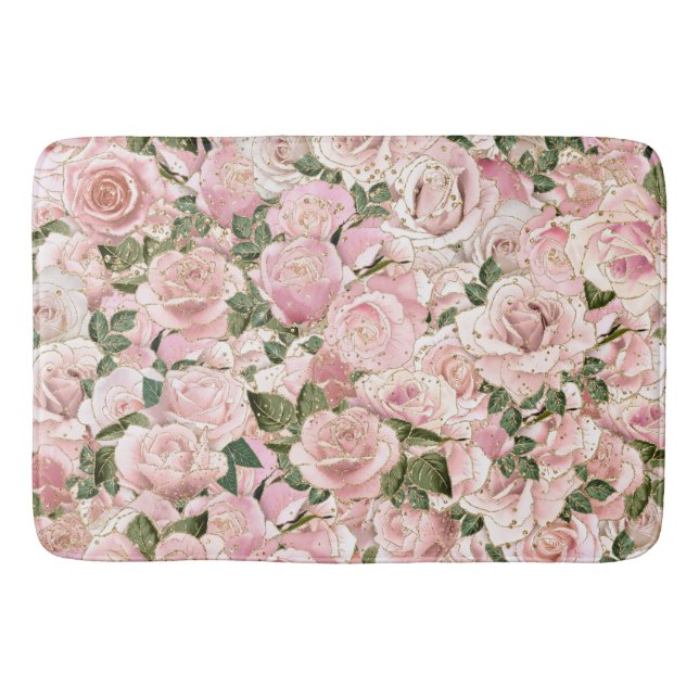 Decorative Blush Pink Gold Glam Rose Botanical Bath Mat (Front)