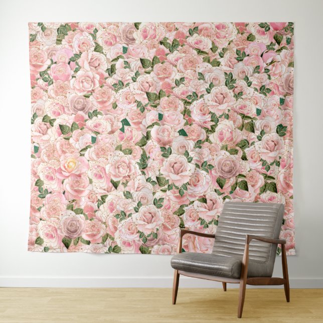 Decorative Blush Pink Gold Glam Rose Botanical Tapestry (In Situ (Horizontal))