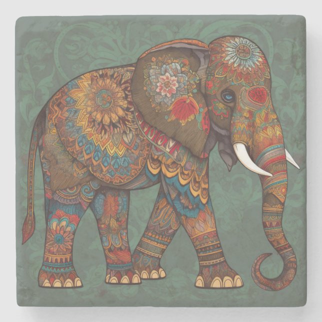 Decorative Boho Elephant Artwork Stone Coaster (Front)