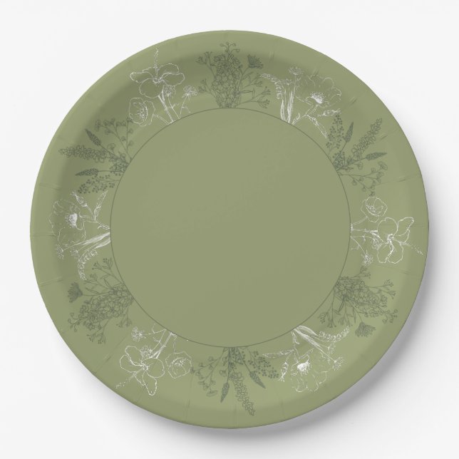 Decorative Boho Floral Sage Paper Plates (Front)