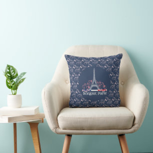 Decorative Bonjour Paris and Floral Pattern Cushion