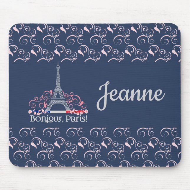 Decorative Bonjour Paris Personalised Name Mouse Mat (Front)