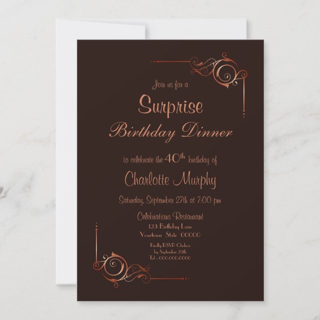 Decorative Border Brown Surprise 40th Birthday Invitation (Front)
