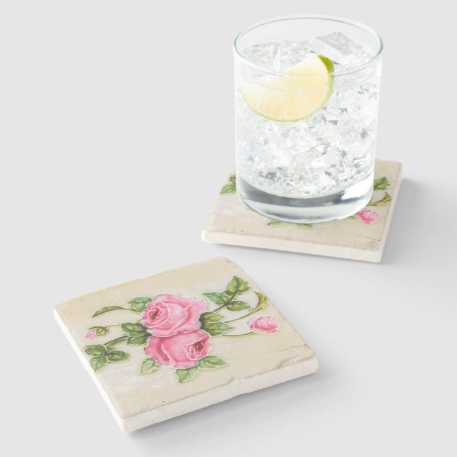 Decorative Bouquet Pink Roses Green Petals Stone Coaster (Side)