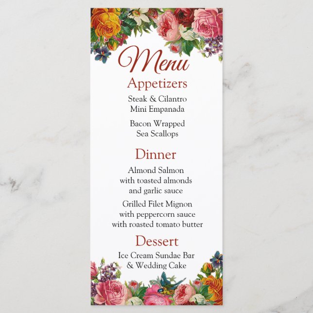 Decorative Burgundy Roses Wedding Menu Card (Front)