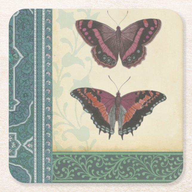 Decorative Butterfly Brocade by Vision Studio Square Paper Coaster (Front)