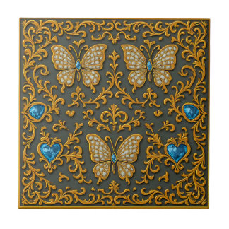Decorative Butterfly Design in Gold and Blue Tile