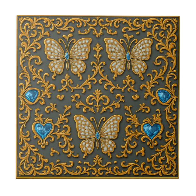 Decorative Butterfly Design in Gold and Blue  Tile (Front)