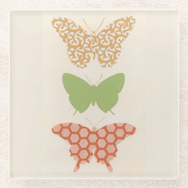 Decorative Butterfly Patterns on Cream Background Glass Coaster (Front)
