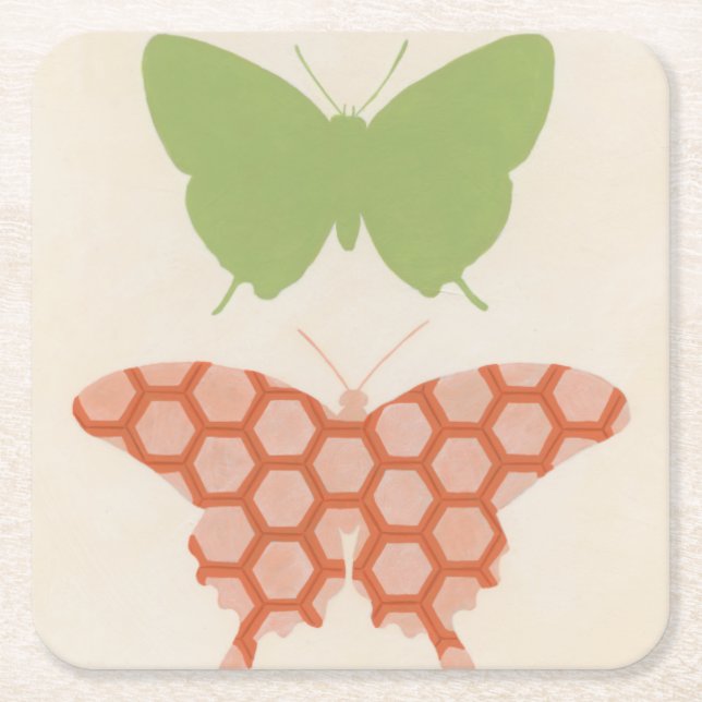 Decorative Butterfly Patterns on Cream Background Square Paper Coaster (Front)