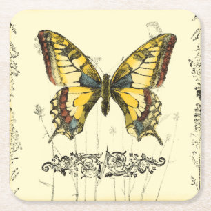 Decorative Butterfly with Wildflowers Square Paper Coaster