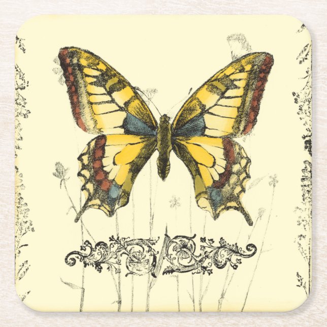 Decorative Butterfly with Wildflowers Square Paper Coaster (Front)