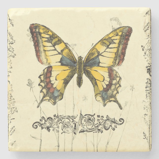Decorative Butterfly with Wildflowers Stone Coaster (Front)