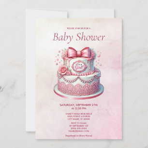 Decorative Cake Pink Bow Baby Shower Invitation