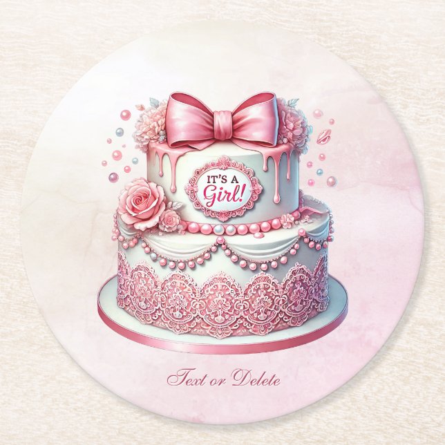 Decorative Cake Pink Bow Paper Coaster (Front)