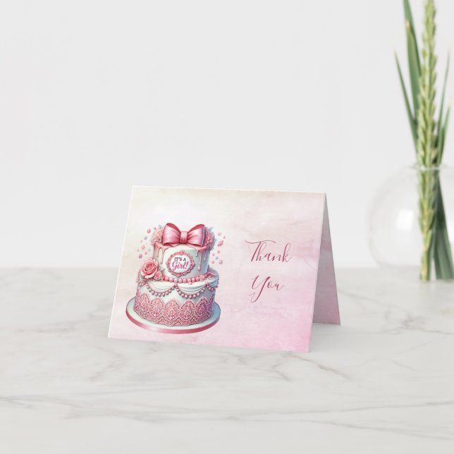 Decorative Cake Pink Bow Thank You Card (Front)
