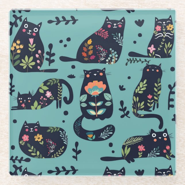Decorative Cats Glass Coaster (Front)