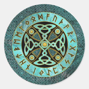 Decorative Celtic Cross  - and Runes alphabet Classic Round Sticker