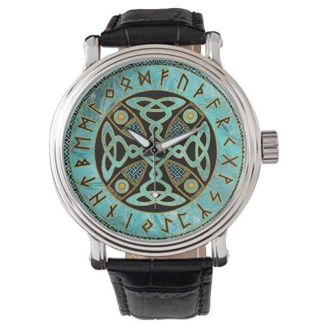 Decorative Celtic Cross  - and Runes alphabet Watch (Front)