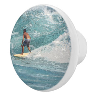 DECORATIVE CERAMIC KNOB/"SURFER RIDING THE WAVES" CERAMIC KNOB