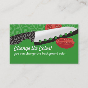 decorative chef's knife slicing tomato cooking business card