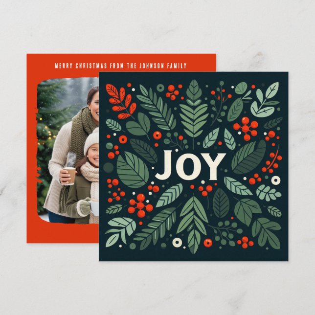 Decorative Christmas JOY holly berries Holiday Card (Front/Back)