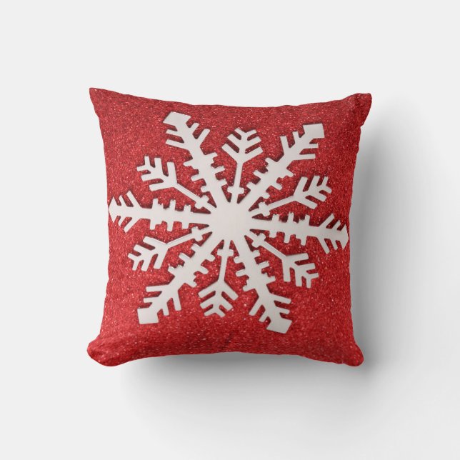 Decorative Christmas Red Glitter Snowflake Holiday Cushion (Front)